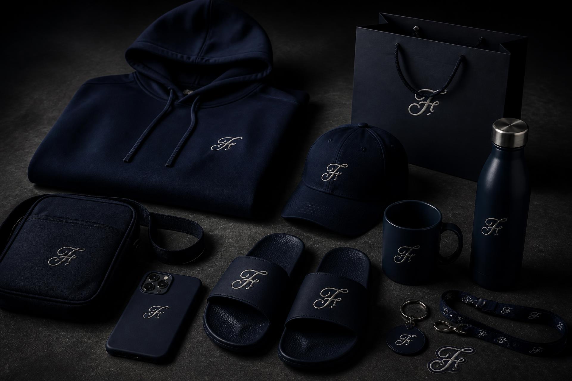 The full Trap Capz navy collection — hoodie, cap, bag, sliders, bottle, mug and accessories